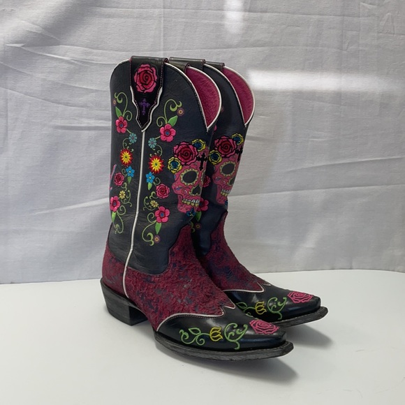 ARIAT Live Out Loud Pink Sugar Skull Gypsy Rose embroidered Cowboy Boots 7 7.5 - Picture 2 of 12